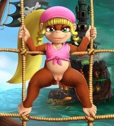 1girls 2019 5_fingers 5_toes barefoot blonde_hair bottomless brown_fur clothed clothing cloud colored_nails dankflank detailed_background dixie_kong donkey_kong_(series) donkey_kong_country donkey_kong_country_2 earrings eyelashes female female_only fur green_eyes hair haplorhine hi_res humanoid_feet humanoid_hands humanoid_pussy long_hair mammal monkey monkey_feet monkey_girl mountain nails nintendo ponytail prehensile_feet primate pussy rope solo toes vagina very_long_hair video_games water