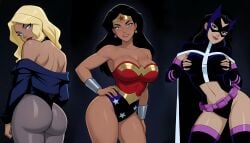 3girls ai_generated amazon arm_at_side ass back bangs bare_arms bare_back bare_legs bare_shoulders belt big_ass big_breasts birds_of_prey black_background black_canary black_canary_(dcau) black_choker black_eyes black_hair black_leotard blonde_female blonde_hair blue_eyes blue_jacket blue_leotard bracer breasts choker cleavage closed_mouth collarbone contrapposto dc dc_comics dcau diana_prince dinah_lance earrings female_only friends from_behind gold_jewelry grabbing_own_breast grabbing_own_breasts green_arrow_(series) grey_legwear grey_pantyhose grin half-closed_eyes hand_on_hip hands_on_hips head_tilt helena_bertinelli heroine highleg highleg_leotard huntress_(dc) jacket jewelry justice_league justice_league_unlimited legs legwear leotard lips lipstick long_hair long_sleeves looking_at_viewer looking_back makeup mask medium_breasts mound_of_venus multicolored_clothing multicolored_leotard multiple_females multiple_girls naughty_face navel navel_cutout neck off_shoulder open_clothes open_jacket pantyhose parted_bangs parted_lips pink_lipstick pose posing posing_for_the_viewer purple_belt purple_thighhighs red_leotard red_lipstick serious sghero1234 silver_bracer silver_earrings silver_jewelry smile standing star star_(symbol) star_earrings star_print straight_hair strapless strapless_leotard superhero_costume superheroine themysciran thighhighs thighs tiara trio turtleneck turtleneck_leotard two-tone_leotard utility_belt wonder_woman wonder_woman_(series)
