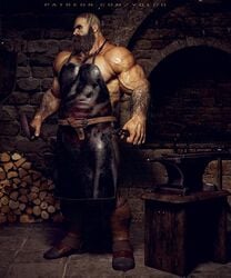 3d apron beard blacksmith hairy_arms hairy_chest male male_only muscles yolco