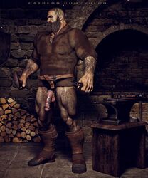 1boy 1male 3d anvil balls ballsack beard beefy blacksmith body_hair boots bottomless dangling_testicles dilf facial_hair facial_scar foreskin hairy hairy_arms hairy_chest hairy_legs hairy_male human intact male male_only masculine mature_male muscles muscular pantsless partially_retracted_foreskin penis pubes pubic_hair scrotum semi-erect testicles uncut veiny_penis yolco