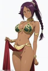 1girl ai ai_art ai_generated armlet bare_shoulders bikini bikini_top_only bleach bleach:_the_thousand-year_blood_war blush bracelet braid braided_ponytail breasts cleavage closed_mouth clothes_lift cowboy_shot dark-skinned_female dark_skin female female_only jewelry large_breasts lifted_by_self long_hair looking_at_viewer mosaic_censoring navel no_panties pelvic_curtain pelvic_curtain_lift ponytail purple_hair pussy shihouin_yoruichi simple_background slave_leia_(cosplay) solo star_wars stomach swimsuit tagme uncensored white_background xxai yellow_eyes yoruichi_shihouin