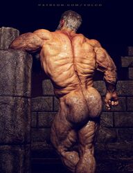 1boy 3d ass back beard butt facial_hair hairy hairy_armpits hairy_arms hairy_ass hairy_legs hercules human male male_only muscles muscular mythology solo white_hair yolco