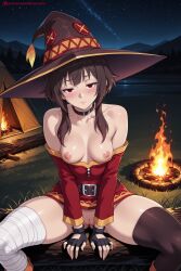 ai_generated bandaged_leg bandages bangs bare_shoulders belt black_belt black_gloves black_hair black_legwear blush breasts brown_hair choker collar collarbone dress explosion female female_only fingerless_gloves fire gloves hat hi_res high_quality high_resolution kiraamane kono_subarashii_sekai_ni_shukufuku_wo! looking_at_viewer megumin night nipples off_shoulder outdoors patreon red_dress red_eyes seductive sexy short_hair short_hair_with_long_locks sidelocks single_thighhigh sitting sky small_breasts smoke solo spread_legs star_(sky) starry_sky straight thighhighs uncensored vaginal_penetration watermark witch_hat