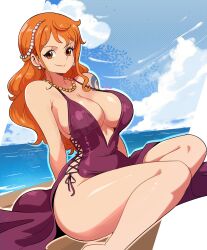 1girls arm_tattoo bare_shoulders barefoot beach big_breasts blue_sky blue_tattoo breasts brown_eyes cleavage cloud day dress earrings female female_only jewelry large_breasts long_hair looking_at_viewer nami_(one_piece) necklace ocean one_piece orange-haired_female orange_eyes orange_hair shiny_skin silvermaster67 sitting sky smile solo tattoo water