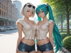 1girls 2girls absurd_res ai_generated artist_name bigz_ai blue_hair denim denim_shorts eyewear_on_head female female_only hatsune_miku headgear highres jeans large_breasts light-skinned_female light_skin long_hair looking_at_viewer medium_breasts nier nier:_automata nier_(series) outdoors shirt short_hair short_shorts shorts small_breasts standing sunglasses teasing twintails vocaloid white_hair yorha_2b