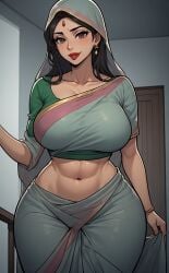 abs ai_generated bangle big_breasts bindi black_hair brown_eyes earrings indian indian_clothes indian_female light-skinned_female looking_at_viewer milf navel red_lipstick saree sari slim_waist smile smiling_at_viewer thick wide_hips