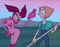 1futa 1girls accurate_art_style biting_lip blush bulge cartoon_network edit erection female futanari gem_(species) pearl_(steven_universe) screenshot screenshot_edit shadman spinel_(steven_universe) steven_universe steven_universe:_the_movie sweating