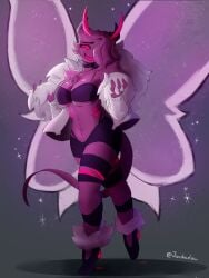 2025 antennae_(anatomy) beautiful black_bra black_clothing black_heels black_panties black_skirt bra cheerleader chest_tuft clothed clothed_female clothing curly_hair curvy curvy_female demon demon_girl digital_media_(artwork) face_tuft friday_night_funkin friday_night_funkin_mod fur glowing_eyes glowing_mouth hair hair_covering_eye hair_over_one_eye hands_on_clothing hands_on_jacket happy happy_female heartmakeroma_(retrospecter) heels horns infernal_paradise_university_(retrospecter) jacket javshadow leg_fluff legwear looking_at_viewer maku_(retrospecter) moth moth_booba moth_girl moth_humanoid neckwear open_mouth panties pink_eyes pink_mouth puffy_jacket purple_skin retrospecter_mod shimmering shoulder_tuft simple_background skirt solo solo_female sparkles tail twitter white_jacket wings