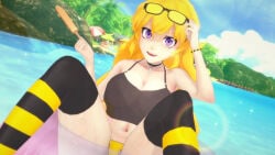 1girls 3d floating half-dressed half_naked half_naked_female ice_pop logang45 long_hair long_hair_female ocean purple_eyes rwby solo_female sunglasses sunglasses_on_head yang_xiao_long