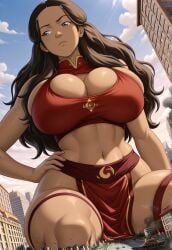 1girls ai_generated avatar_the_last_airbender big_breasts breasts city clothed clothed_female dark-skinned_female dark_skin female female_focus female_only fire_nation fire_nation_clothing giantess giga_giantess katara large_boobs large_breasts looking_away memesrus1234 nickelodeon nicktoons on_knees solo solo_female solo_focus thick_thighs thighs