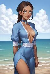 1girls 2d 2d_(artwork) ai_assisted ai_generated athletic athletic_female avatar_the_last_airbender beach beach_background braid braided_hair braided_ponytail breasts brown_hair cleavage clothed clothing daeisi dark-skinned_female dark_skin digital_drawing_(artwork) digital_media_(artwork) dress female female_focus female_only katara leaning leaning_forward looking_at_viewer medium_breasts outdoors outside ponytail showing_off smile smiling