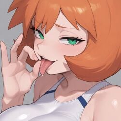 kasumi_(pokemon) misty_(pokemon_hgss) pokemon ai_generated misty_(pokemon) bangs bare_shoulders clothing competition_swimsuit one-piece_swimsuit sportswear swimsuit tank_suit white_one-piece_swimsuit white_swimsuit alternative_bust_size blush breasts busty clavicle female green_eyes large_breasts orange_hair short_hair teeth tongue upper_teeth upper_teeth_only fellatio_gesture open_mouth oral_invitation sexually_suggestive smile tongue_out looking_at_viewer naughty_face bodily_fluids saliva 1girl female_only solo upper_body