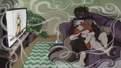 2026 absurd_res anthro bird_dog black_nose bong breast_grab breasts brown_body brown_fur brown_nose brown_pawpads canid canine canis cavalier_king_charles_spaniel clip_studio_paint_(artwork) cloud_(cloudpie) coolranchdoritoes_(artist) cuddling defunctland detailed_background digital_drawing_(artwork) digital_media_(artwork) domestic_dog drugs duo electronics eyewear eyewear_only feet female floppy_ears fur furniture garfield_(series) garfield_the_cat glasses glasses_only grey_body grey_fur hair hand_on_another's_crotch hand_on_breast head_tuft hi_res hindpaw houseplant hunting_dog inside lighter lop_ears lying male male/female mammal marijuana mephitid nude on_back on_sofa pawpads paws pillow rectangular_glasses round_glasses rug shaded short_hair skunk smoke snout sofa spaniel stoned striped_skunk substance_intoxication tail television toy_dog tuft watching_television wearing_glasses white_body white_fur wix_(skunkwix)