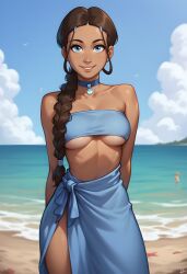 1girls 2d 2d_(artwork) ai_assisted ai_generated athletic athletic_female avatar_the_last_airbender beach beach_background braid braided_hair braided_ponytail breasts brown_hair cleavage clothed clothing daeisi dark-skinned_female dark_skin digital_drawing_(artwork) digital_media_(artwork) dress female female_focus female_only katara looking_at_viewer medium_breasts outdoors outside ponytail showing_off smile smiling