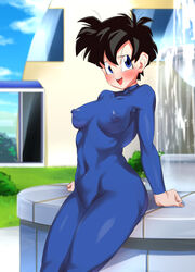 1girls ass_focus big_breasts black_hair blue_bodysuit blue_eyes blush bodysuit dragon_ball dragon_ball_z erect_nipples_under_clothes female_focus female_only full_body_suit fully_clothed functionally_nude muscular_thighs nipples_visible_through_clothing no_bra open_mouth revealing_clothes rom short_hair shounen_jump solo teeth tongue topless topless_female videl wide_hips wide_thighs