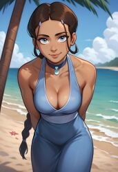 1girls 2d 2d_(artwork) ai_assisted ai_generated athletic athletic_female avatar_the_last_airbender beach beach_background braid braided_hair braided_ponytail breasts brown_hair cleavage clothed clothing daeisi dark-skinned_female dark_skin digital_drawing_(artwork) digital_media_(artwork) dress female female_focus female_only katara looking_at_viewer medium_breasts outdoors outside ponytail showing_off smile smiling