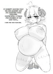 1girls biligbilig blush eira_woolcott english_text hairy_pussy hooves horns indie_virtual_youtuber inverted_nipples kemonomimi large_breasts looking_at_viewer monochrome pregnant pregnant_belly pregnant_female pubic_hair sheep_girl sheep_horns shortstack talking_to_viewer text virtual_youtuber