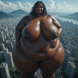 ai_generated bbw belly_bulge black_hair blue_eyes brazilian_female city clitoris ebony_female female_oc giantess nipples nude perchance_ai pussy