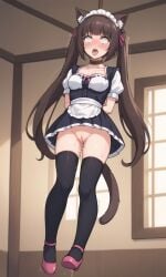 ai_generated arms_behind_back blank_eyes blunt_bangs brown_hair cat_ears cat_tail catgirl chocola_(sayori) cleavage execution hanged maid maid_headdress motion_lines nekopara noose nopan nose_blush open_mouth peeing puffy_short_sleeves pussy pussy_juice snuff suffocation thighhighs tongue_out trembling twintails