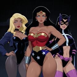 3girls ai_generated amazon arm_at_side bangs bare_arms bare_legs bare_shoulders belt big_breasts birds_of_prey black_background black_canary black_canary_(dcau) black_choker black_eyes black_hair black_leotard blonde_female blonde_hair blue_eyes blue_jacket blue_leotard bracer breasts choker cleavage closed_mouth collarbone dc dc_comics dcau diana_prince dinah_lance earrings female_only friends gold_jewelry green_arrow_(series) grey_legwear grey_pantyhose grin half-closed_eyes hand_on_hip hands_on_hips helena_bertinelli heroine highleg highleg_leotard huntress_(dc) jacket jewelry justice_league justice_league_unlimited legs legwear leotard lips lipstick long_hair long_sleeves looking_at_viewer makeup mask medium_breasts mound_of_venus multicolored_clothing multicolored_leotard multiple_females multiple_girls navel navel_cutout neck open_clothes open_jacket pantyhose parted_bangs parted_lips pink_lipstick purple_belt purple_thighhighs red_leotard red_lipstick serious sghero1234 silver_bracer silver_earrings silver_jewelry smile standing star star_(symbol) star_earrings star_print straight_hair strapless strapless_leotard superhero_costume superheroine themysciran thighhighs thighs tiara trio turtleneck turtleneck_leotard two-tone_leotard utility_belt wonder_woman wonder_woman_(series)