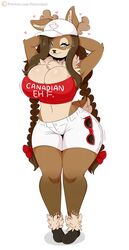 anthro big_breasts canada elf furry jinu looking_away looking_to_the_side no_humans olive_(rawk_manx) shirt thick thick_legs thick_thighs