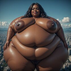 ai_generated bbw belly_bulge black_hair blue_eyes brazilian_female city clitoris ebony_female female_oc giantess nipples nude perchance_ai pussy
