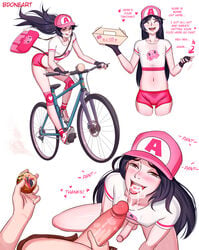 2boys androgynous bdone bicycle big_penis bottomless cap clothing cum cum_in_mouth delivery_boy duo english_text erection femboy gay girly hair long_hair male male_only multiple_boys multiple_penises penis penis_grab penis_size_difference ryo_(bdone) shorts sweat takoyaki text tongue tongue_out trap yaoi