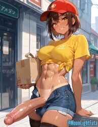 ai_generated moonlightfuta futanari abs cap minishorts tan_body tan_skin brown_hair thighhighs package full-package_futa delivery_employee delivery delivery_girl public public_nudity working happy smile short_hair