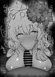 1boy 1girls :>= bare_shoulders big_breasts big_penis black_and_white blowjob blue_archive blush braid breasts censored dark-skinned_male dark_skin detailed_background drooling eyelashes fellatio female gehenna_academy_student glasses gourmet_research_society_(blue_archive) hair_flower half-closed_eyes haruna_(blue_archive) heart heart-shaped_pupils human indoor inside kurotama long_hair looking_at_viewer male male_pov oral oral_sex penis ribbon room saliva shiny shiny_skin sketch sound_effects squatting sweat text tied_hair tongue tongue_out vein veins veiny veiny_penis