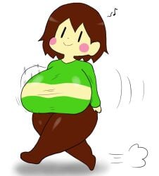 1girls big_ass big_breasts big_butt big_thighs black_eyes brown_hair chara cute enigi09 humming jiggling_breasts musical_note rosy_cheeks short_hair shortstack undertale walking