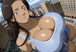 1girls ai_generated avatar_the_last_airbender big_breasts breasts building building_destruction city clothed clothed_female dark-skinned_female dark_skin female female_focus female_only giantess katara large_boobs large_breasts memesrus1234 nickelodeon nicktoons solo solo_female solo_focus thick_thighs thighs water_tribe