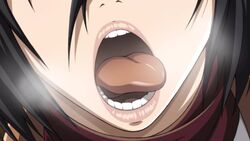 1girls asian attack_on_titan black_eyes black_hair close-up fringe heavy_breathing hiding imminent_deepthroat imminent_oral jean_kirstein lost_rarities medium_hair mikasa_ackerman mouth_fetish open_mouth oral pale-skinned_female petite seductive_mouth shingeki_no_kyojin submissive_female takapiko throat tongue_out