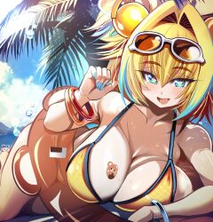 beach bikini blue_nails blush bombergirl breast_squish clouds fang huge_breasts inner_tube lying_on_side marking open_mouth palm_tree pine_(bombergirl) smile sunlight thick_thighs wide_hips