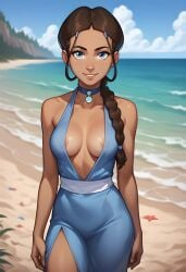 1girls 2d 2d_(artwork) ai_assisted ai_generated athletic athletic_female avatar_the_last_airbender beach beach_background braid braided_hair braided_ponytail breasts brown_hair cleavage clothed clothing daeisi dark-skinned_female dark_skin digital_drawing_(artwork) digital_media_(artwork) dress female female_focus female_only katara looking_at_viewer medium_breasts outdoors outside ponytail showing_off smile smiling