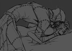 ambiguous_penetration batman:_arkham_knight batman_(series) bed dc duo eyes_closed female female_penetrated jonathan_crane male male_penetrating monochrome on_stomach pirate-cashoo prone prone_bone scarecrow scarecrow_(dc) short_hair sketch straight