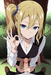 1boy 1girls ai_generated cleavage expressionless handjob hayasaka_ai kaguya-sama_wa_kokurasetai_~tensai-tachi_no_renai_zunousen~ looking_at_viewer penis uncensored