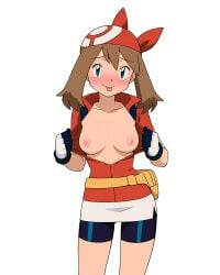 1female ai_generated bandana bangs biker_shorts blue_eyes blush breasts breasts_exposed breasts_out brown_hair exposed_breasts exposing_breasts exposing_self fanny_pack female flashing flashing_breasts flashing_viewer girl gloves goon.addct looking_at_viewer may_(pokemon) medium_breasts nipples pencil_skirt petite pokemon red_bandana red_shirt side_bangs skirt small_breasts smirk smug solo standing sticking_tongue_out tongue tongue_out white_background white_skirt young young_female