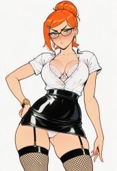 2d ai ai_assisted ai_generated ben_10 big_breasts boss cleavage curvy curvy_female curvy_figure female female_only fishnets garter_straps glasses gwen_tennyson hair_bun large_breasts latex_skirt office_clothing office_lady orange_hair prussia123 secretary secretary_outfit sexy_body sexy_female sexy_secretary short_hair skirt solo_female solo_focus standing stockings thighhighs thighs white_background white_bra white_panties white_topwear white_underwear