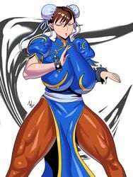 big_breasts bracelet breasts brown_hair capcom chinese_clothes chun-li female hair large_breasts pantyhose spiked_bracelet street_fighter tesan video_games