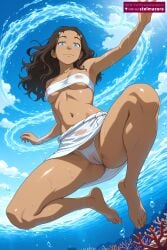 1girls ai_assisted ai_generated armpits avatar_the_last_airbender barefoot black_hair blue_eyes blue_sky breasts brown_hair cameltoe covered_nipples dark-skinned_female dark_skin day feet female female_only katara long_hair looking_at_viewer medium_breasts navel nickelodeon nicktoons nipples ocean outdoors see-through sky smile solo stelmazura strapless toes underwater water wet
