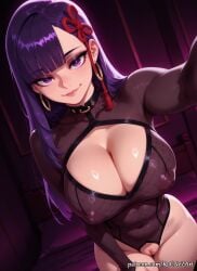 2026 ai_generated anime bangs blunt_bangs breasts cleavage cleavage_cutout closed_mouth clothing_cutout collarbone covered_nipples crossover earrings explicit exposed_nipples eye_contact eyeliner female female_focus female_only fishnets hair_accessory hair_ornament hair_ribbon highres hoop_earrings huge_breasts indoors inside jewelry large_breasts leotard long_hair long_sleeves looking_at_viewer makeup mato_seihei_no_slave neutral_expression nipples nsfw outstretched_arm patreon purple_eyes purple_hair pussy reaching_towards_viewer ribbon rognezart see-through selfie smile smiling solo spread_pussy tassel thick_thighs thighs very_long_hair yamashiro_ren
