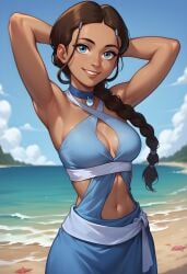 1girls 2d 2d_(artwork) ai_assisted ai_generated athletic athletic_female avatar_the_last_airbender beach beach_background braid braided_hair braided_ponytail breasts brown_hair cleavage clothed clothing daeisi dark-skinned_female dark_skin digital_drawing_(artwork) digital_media_(artwork) dress female female_focus female_only katara looking_at_viewer medium_breasts outdoors outside ponytail showing_off smile smiling