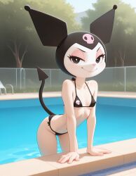 ai_generated bikini female furry furry_female kuromi looking_at_viewer pool sanrio skinny slim slim_waist small_breasts smiling tail