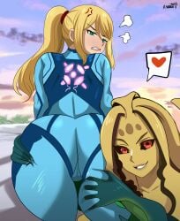 2girls anger_vein angry annoyed ass ass_worship beauty_mark black_sclera blonde_hair bodysuit child_bearing_hips commission commissioner_upload crack_pairing crossover crossover_pairing crossover_ship crossover_shipping curvaceous curvaceous_ass curvaceous_body curvaceous_female curvaceous_figure curvaceous_hips curvaceous_thighs curvy curvy_body curvy_female curvy_figure curvy_hips curvy_thighs eastern_and_western_character female female_focus female_only green_eyes human interspecies karbuitt league_of_legends long_hair marai merfolk mermaid metroid monster_girl nami_(league_of_legends) ponytail red_eyes samus_aran thick thick_hips thick_legs waifu yuri zero_suit zero_suit_samus