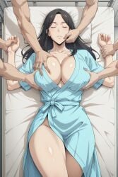 1female ai_generated big_boobs big_breasts big_tits brunette_female brunette_hair cleavage closed_eyes exposed_cleavage exposed_thighs grope groping groping_breasts group hospital_bed hospital_gown long_black_hair lying_on_bed mature_female mature_woman milf multiple_hands no_panties park_kyung_hye patient_gown sole_female solo_leveling touching_breasts unconscious unconscious_female webtoon wrist_held wrist_hold