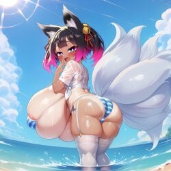 1girls ai_generated areolae_peeking ass ass_focus beach big_ass black_hair blue_string_bikini blush breasts epsilai female female_only fox_ears fox_tails gigantic_breasts hair_ornaments huge_breasts in_water jingle_bells kitsune looking_at_viewer magenta_hair multicolored_hair multiple_tails oppai_loli red_ribbons short_hair shortstack smug solo suzuko_(epsilai) tan-skinned_female wet_shirt