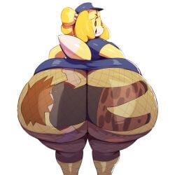 1girls 2026 2d_artwork animal_crossing ass ass_bigger_than_body big_ass bottom_heavy canine cap fishnet_legwear fishnets flattened flattened_by_ass high_resolution isabelle_(animal_crossing) looking_back smile stuck_in_ass trinity-fate62