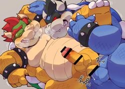 2019 2boys anal anal_sex anthro balls belly blush bowser censored closed_eyes dark_bowser duo erection gay humanoid_penis japanese_text koopa male male/male male_only mario_(series) mario_and_luigi_(series) nintendo overweight overweight_male penetration penis scalie sex shi_rosaru675 shirosaru simple_background teeth text video_games