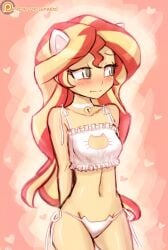 1girls 2016 arms_behind_back belly boob_window cat_ears cat_lingerie deviantart deviantart_link equestria_girls female hands_behind_back hasbro lingerie long_hair looking_away luminaura lumineko my_little_pony no_ai panties shy side-tie_panties small_breasts solo sunset_shimmer two-tone_hair white_lingerie yellow_body