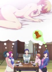 1boy 5girls absurdres anime_screenshot ass blonde_hair blue_eyes breasts highres hououji_akane imagination kasukabe_hayato large_breasts long_hair makuzawa_ouka megami_no_kafeterasu multiple_girls navel nude ono_shiragiku stitched thinking thinking_of_someone_else third-party_edit tsukishima_riho tsuruga_ami